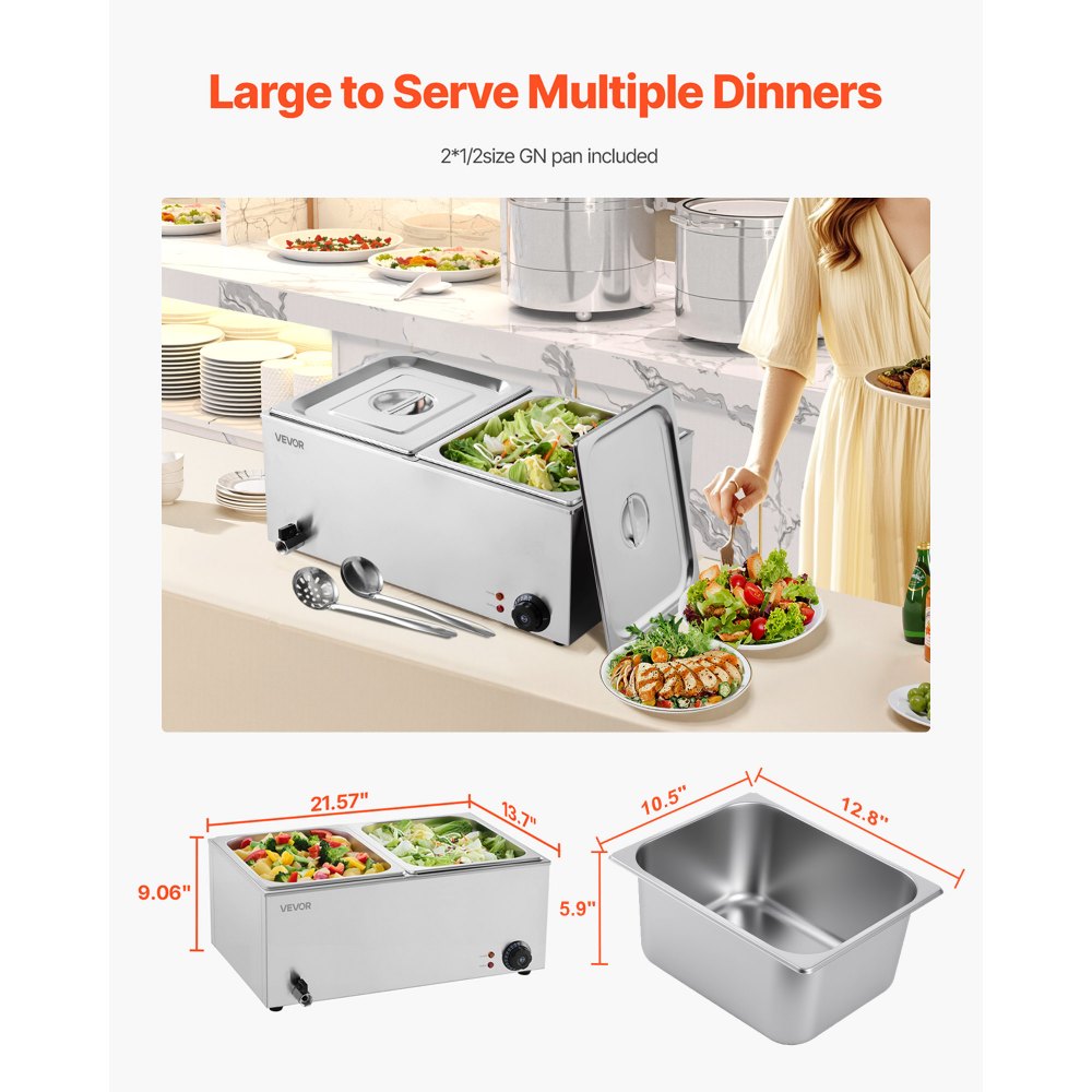 VEVOR 24QT Commercial Food Warmer, 2-Pan Electric Steam Table, 1200W Professional Countertop Stainless Steel Buffet Bain Marie with 86-185°F Temp Control for Catering, Buffet, Parties, Restaurants