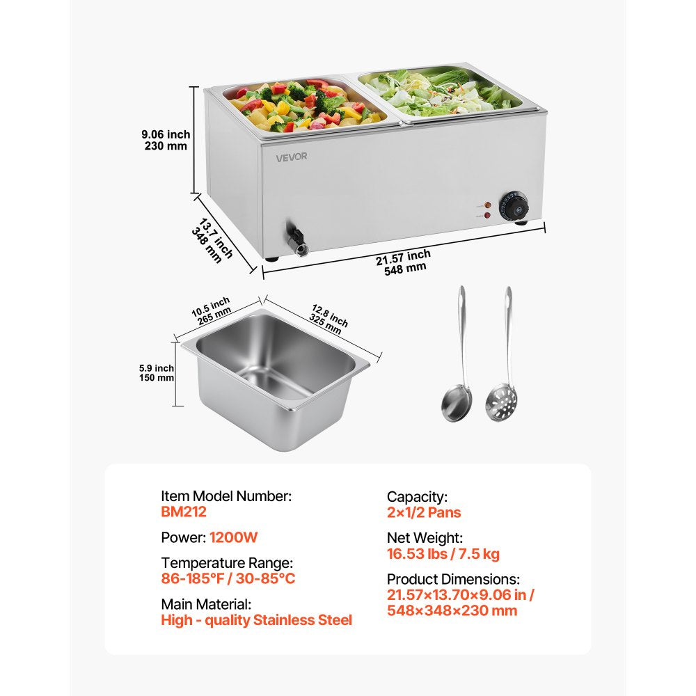 VEVOR 24QT Commercial Food Warmer, 2-Pan Electric Steam Table, 1200W Professional Countertop Stainless Steel Buffet Bain Marie with 86-185°F Temp Control for Catering, Buffet, Parties, Restaurants