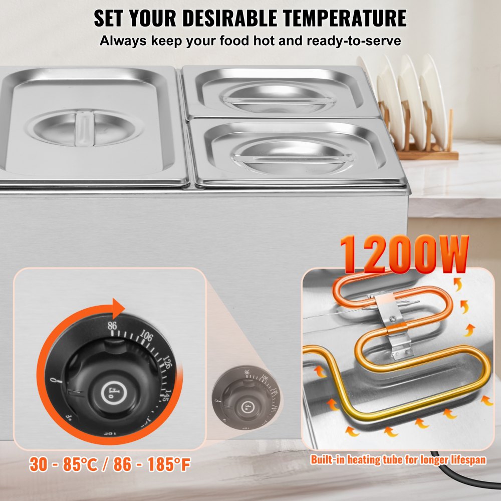 VEVOR 4-Pan Commercial Food Warmer, 16.4QT Electric Steam Table, 1200W Professional Countertop Stainless Steel Buffet Bain Marie with 86-185°F Temp Control for Catering and Restaurants, Silver