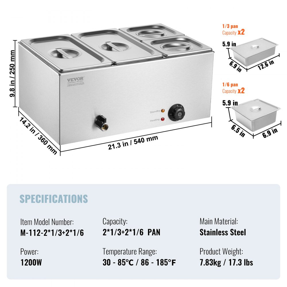 VEVOR 4-Pan Commercial Food Warmer, 16.4QT Electric Steam Table, 1200W Professional Countertop Stainless Steel Buffet Bain Marie with 86-185°F Temp Control for Catering and Restaurants, Silver