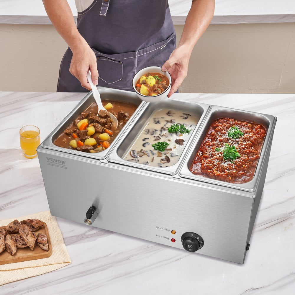 VEVOR 3-Pan Commercial Food Warmer, 17.4QT Electric Steam Table, 1200W Professional Countertop Stainless Steel Buffet Bain Marie with 86-185°F Temp Control for Catering and Restaurants, Silver