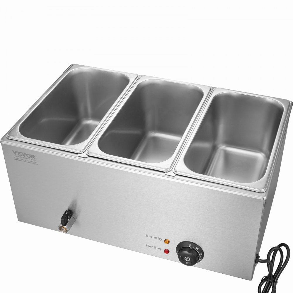 VEVOR 3-Pan Commercial Food Warmer, 17.4QT Electric Steam Table, 1200W Professional Countertop Stainless Steel Buffet Bain Marie with 86-185°F Temp Control for Catering and Restaurants, Silver