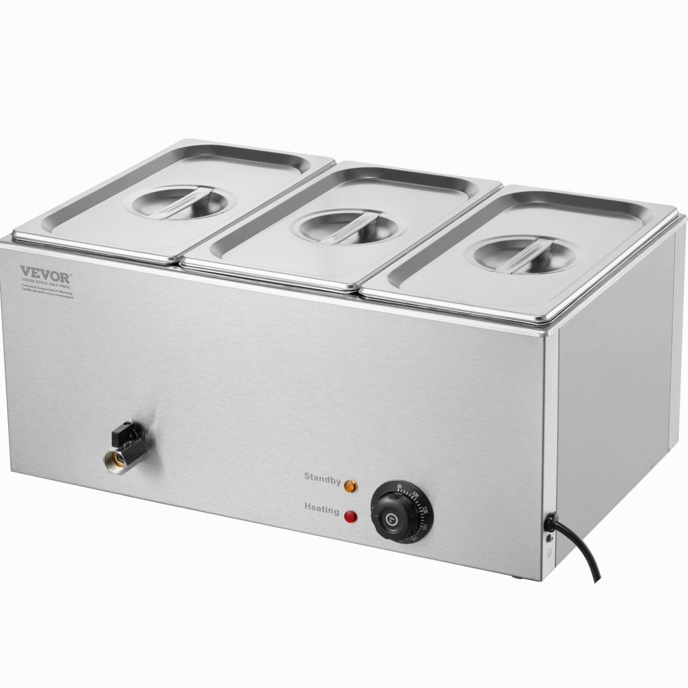 VEVOR 3-Pan Commercial Food Warmer, 17.4QT Electric Steam Table, 1200W Professional Countertop Stainless Steel Buffet Bain Marie with 86-185°F Temp Control for Catering and Restaurants, Silver