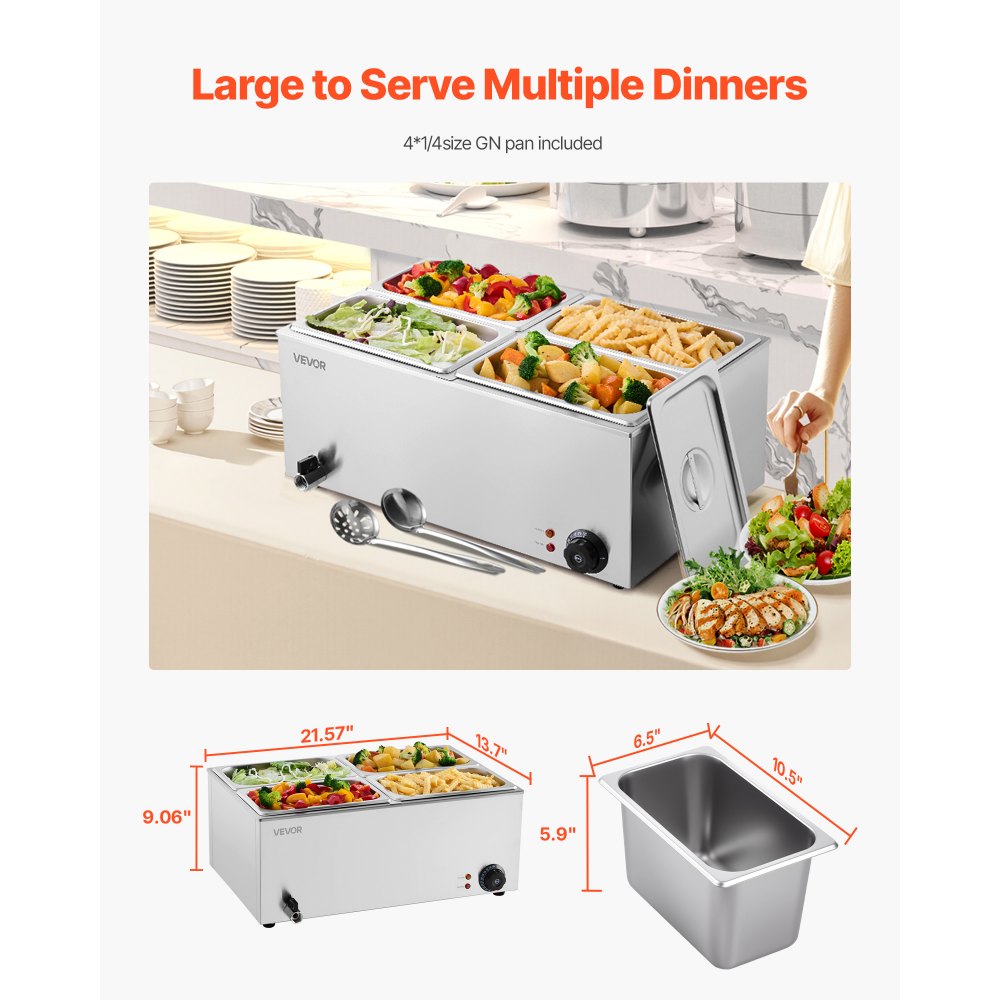 VEVOR 24QT Commercial Food Warmer, 4-Pan Electric Steam Table, 1200W Professional Countertop Stainless Steel Buffet Bain Marie with 86-185°F Temp Control for Catering, Buffet, Parties, Restaurants