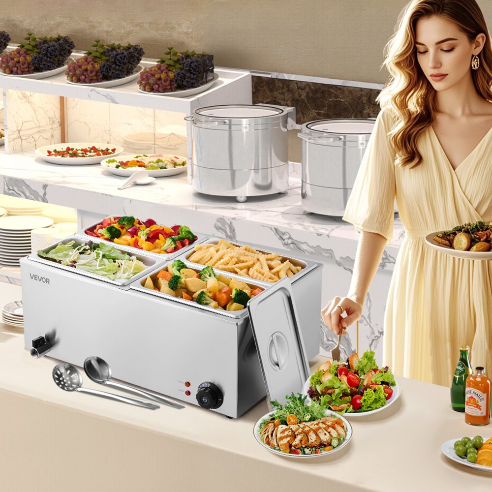 VEVOR 24QT Commercial Food Warmer, 4-Pan Electric Steam Table, 1200W Professional Countertop Stainless Steel Buffet Bain Marie with 86-185°F Temp Control for Catering, Buffet, Parties, Restaurants