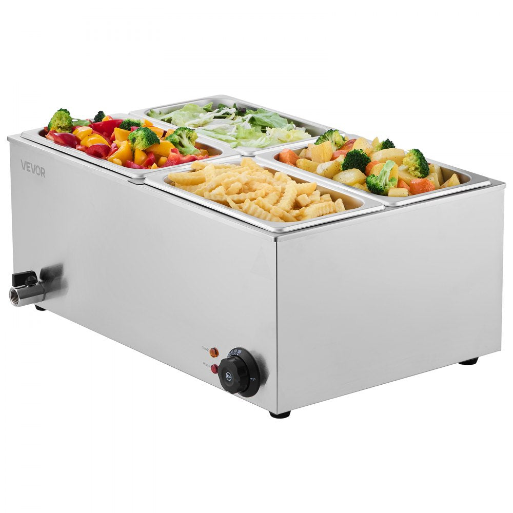 VEVOR 24QT Commercial Food Warmer, 4-Pan Electric Steam Table, 1200W Professional Countertop Stainless Steel Buffet Bain Marie with 86-185°F Temp Control for Catering, Buffet, Parties, Restaurants