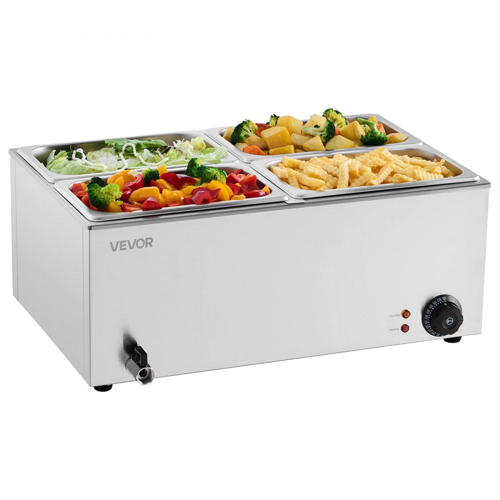 VEVOR 24QT Commercial Food Warmer, 4-Pan Electric Steam Table, 1200W Professional Countertop Stainless Steel Buffet Bain Marie with 86-185°F Temp Control for Catering, Buffet, Parties, Restaurants