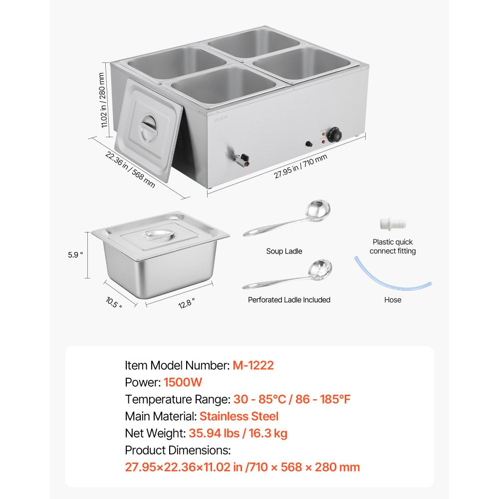 VEVOR Commercial Food Warmer, 1500W Electric Stainless Steel Steam Food Warmer with Lid, 4-Pan Fast Heating Countertop Buffet Bain Marie with Soup & Perforated Ladles, for Catering, Restaurant, Party