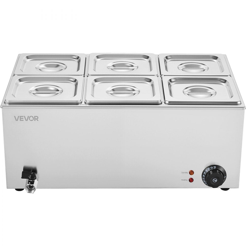 VEVOR 24QT Commercial Food Warmer, 6-Pan Electric Steam Table, 1200W Professional Countertop Stainless Steel Buffet Bain Marie with 86-185°F Temp Control for Catering, Buffet, Parties, Restaurants