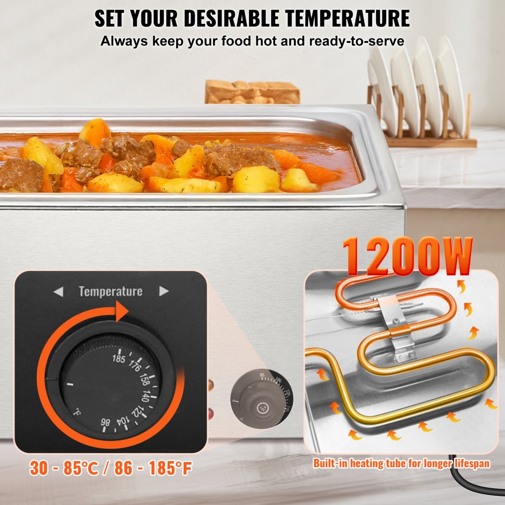 VEVOR Commercial Food Warmer 19QT Bain Marie 1200W Electric Buffet Warmer Steam Table Food Warmer Countertop Stainless Steel Food Warmer Wet or Dry Use for Parties, Catering and Restaurant