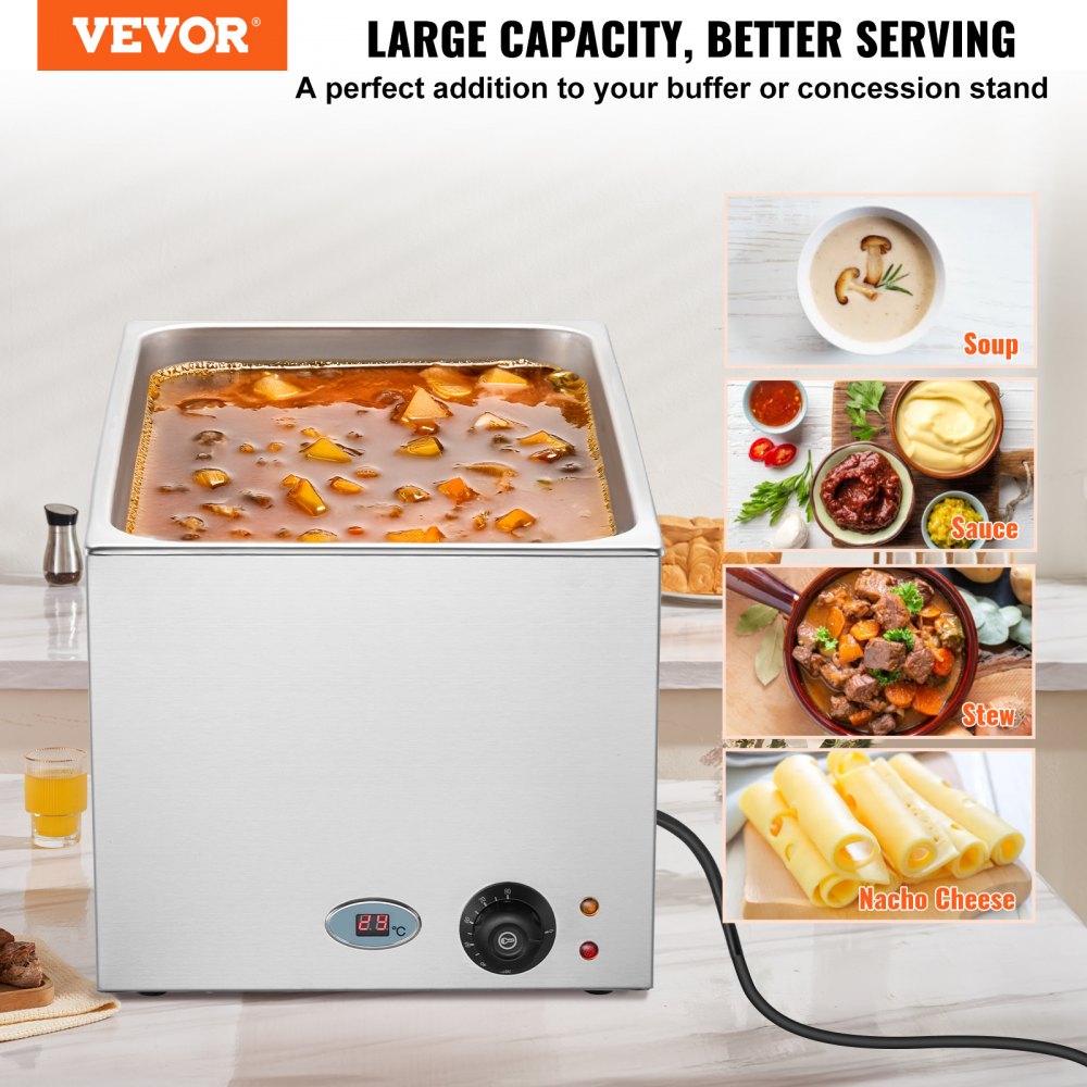 VEVOR Commercial Food Warmer 19QT Bain Marie 1200W Electric Buffet Warmer Steam Table Food Warmer Countertop Stainless Steel Food Warmer Wet or Dry Use for Parties, Catering and Restaurant