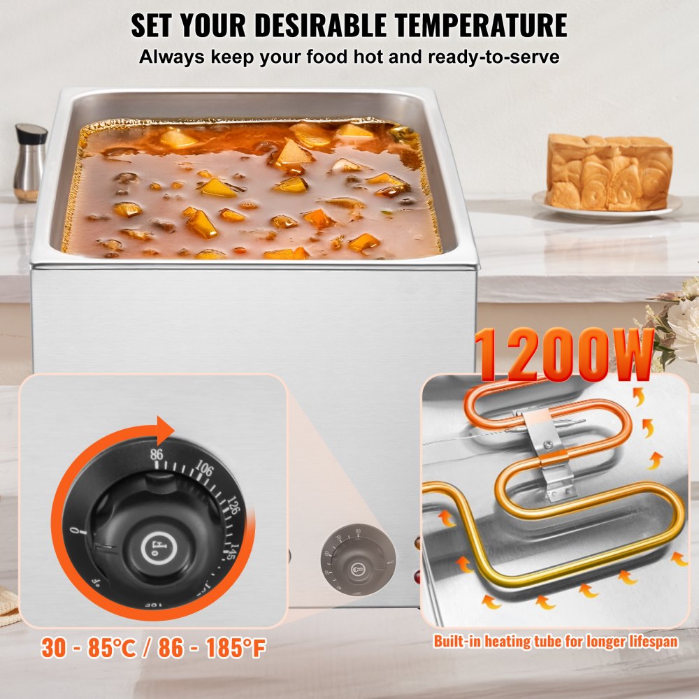VEVOR Commercial Food Warmer 19QT Bain Marie 1200W Electric Buffet Warmer Steam Table Food Warmer Countertop Stainless Steel Food Warmer Wet or Dry Use for Parties, Catering and Restaurant
