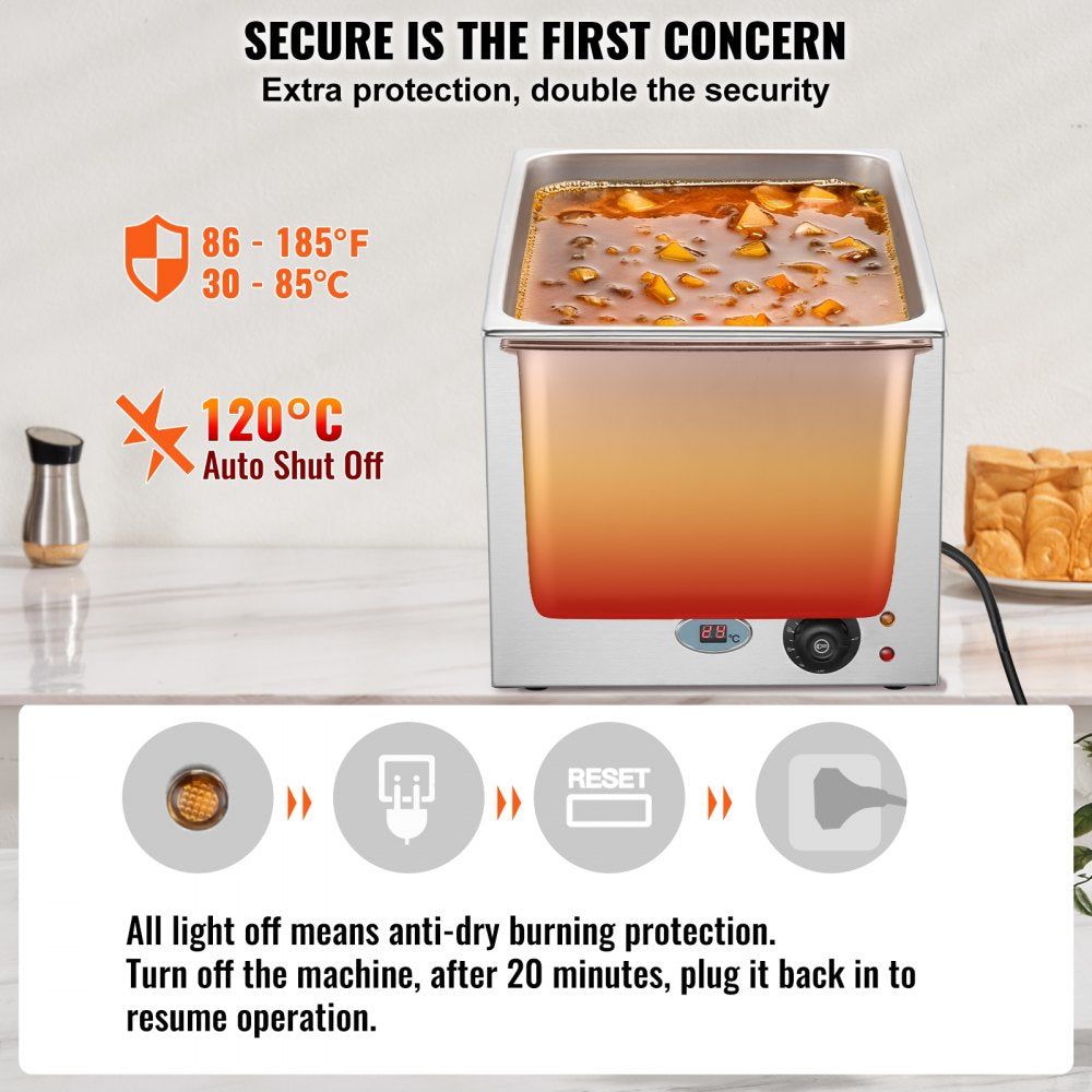 VEVOR Commercial Food Warmer 19QT Bain Marie 1200W Electric Buffet Warmer Steam Table Food Warmer Countertop Stainless Steel Food Warmer Wet or Dry Use for Parties, Catering and Restaurant