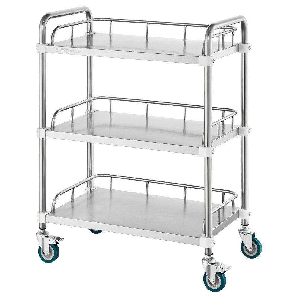 VEVOR Lab Rolling Cart, 3-Shelf Stainless Steel Rolling Cart, Lab Serving Cart with Swivel Casters, Dental Utility Cart for Clinic, Lab,  Hospital, Salon, 26.38"x15.55"x34.13"