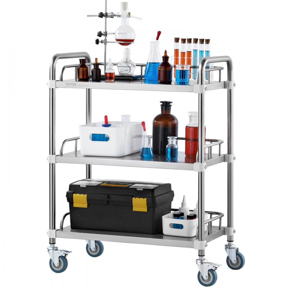 VEVOR Lab Rolling Cart, 3-Shelf Stainless Steel Rolling Cart, Lab Serving Cart with Swivel Casters, Dental Utility Cart for Clinic, Lab,  Hospital, Salon, 26.38"x15.55"x34.13"