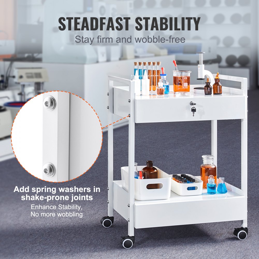 VEVOR Lab Cart, 2 Tiers Stainless Steel Utility Cart, Medical Cart with 2 Drawers, Rolling Lab Cart White Paint, Serving Cart with Swivel Casters for Laboratory, Hospital, Dental, Salon and Beauty