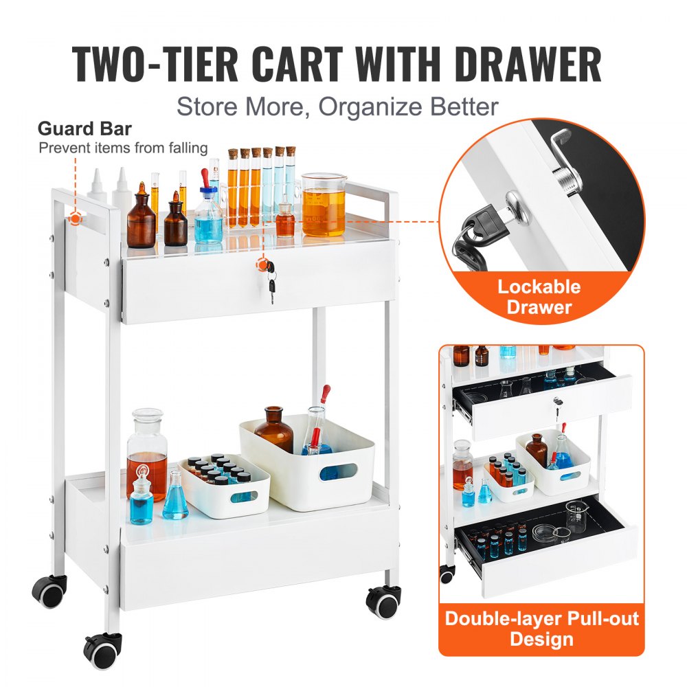 VEVOR Lab Cart, 2 Tiers Stainless Steel Utility Cart, Medical Cart with 2 Drawers, Rolling Lab Cart White Paint, Serving Cart with Swivel Casters for Laboratory, Hospital, Dental, Salon and Beauty