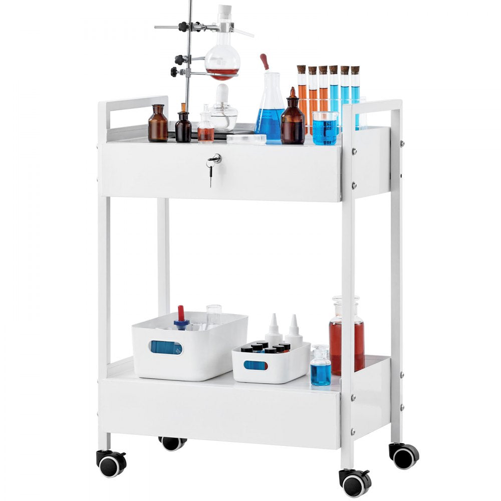 VEVOR Lab Cart, 2 Tiers Stainless Steel Utility Cart, Medical Cart with 2 Drawers, Rolling Lab Cart White Paint, Serving Cart with Swivel Casters for Laboratory, Hospital, Dental, Salon and Beauty