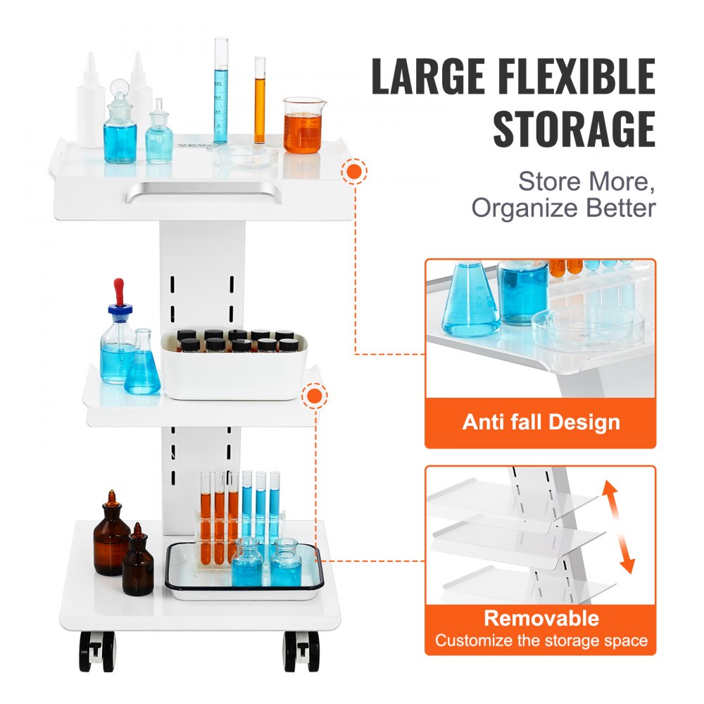 VEVOR Lab Trolley, Rolling Lab Cart with Built-in Socket, 3-Layer Metal Mobile Trolley, Tray Rolling Clinic Cart with Swivel Wheels, 220 lbs Weight Capacity, for Lab, Clinic, Beauty and Salon