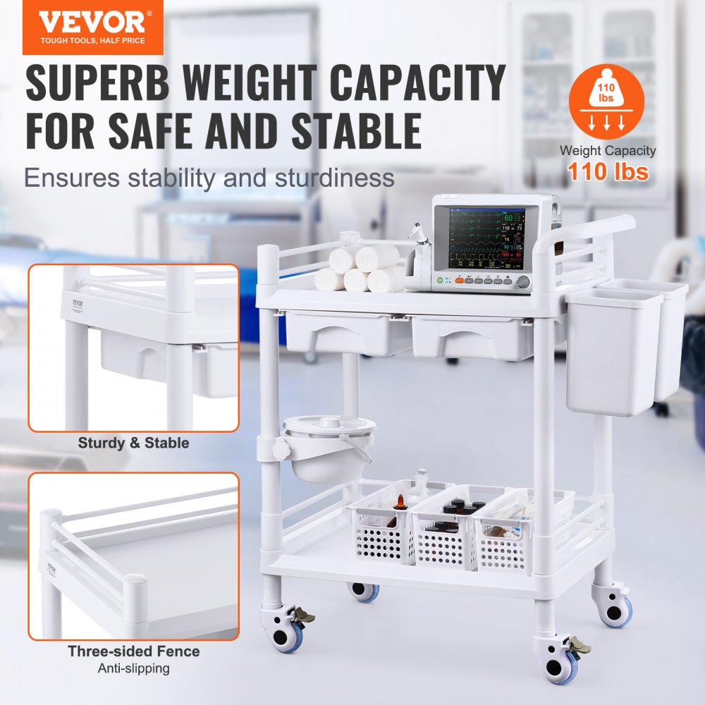 VEVOR 2 Tiers Lab Carts, Lab Utility Cart with 2 Trays, 2 Drawers & 4 Silent Wheels, Mobile Medical Cart with PP Material, Lab Rolling Cart with 3 Trash Cans for Lab, Clinic, Hospital, Salon, White