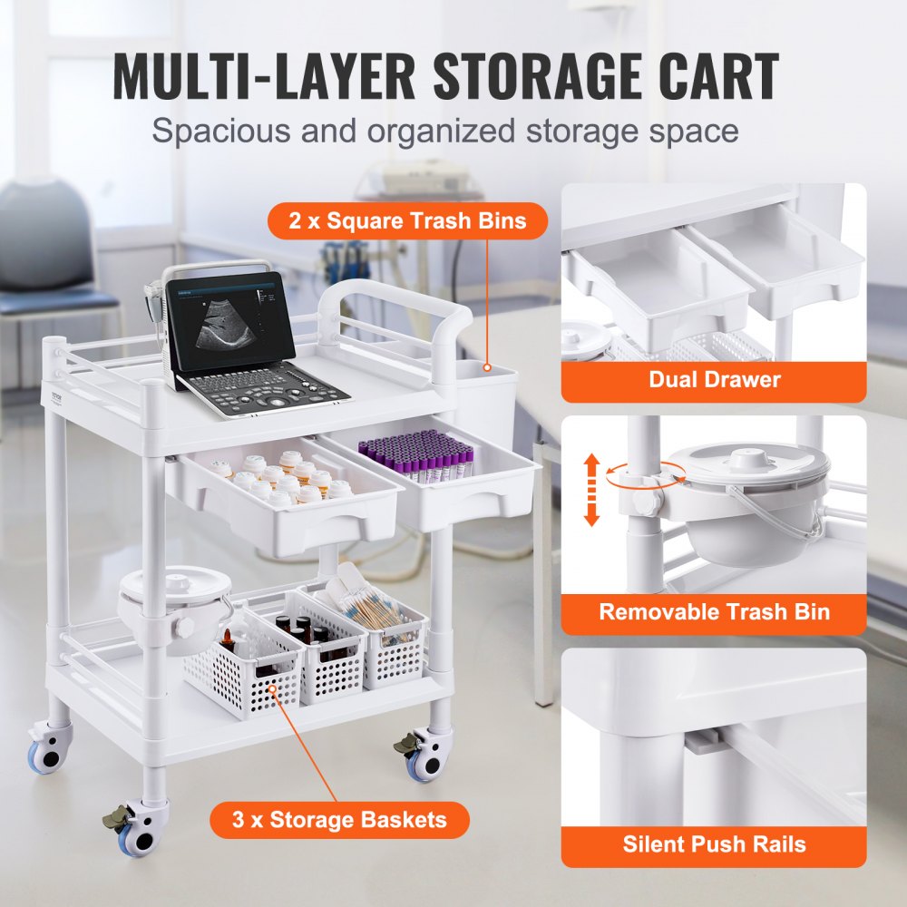 VEVOR 2 Tiers Lab Carts, Lab Utility Cart with 2 Trays, 2 Drawers & 4 Silent Wheels, Mobile Medical Cart with PP Material, Lab Rolling Cart with 3 Trash Cans for Lab, Clinic, Hospital, Salon, White