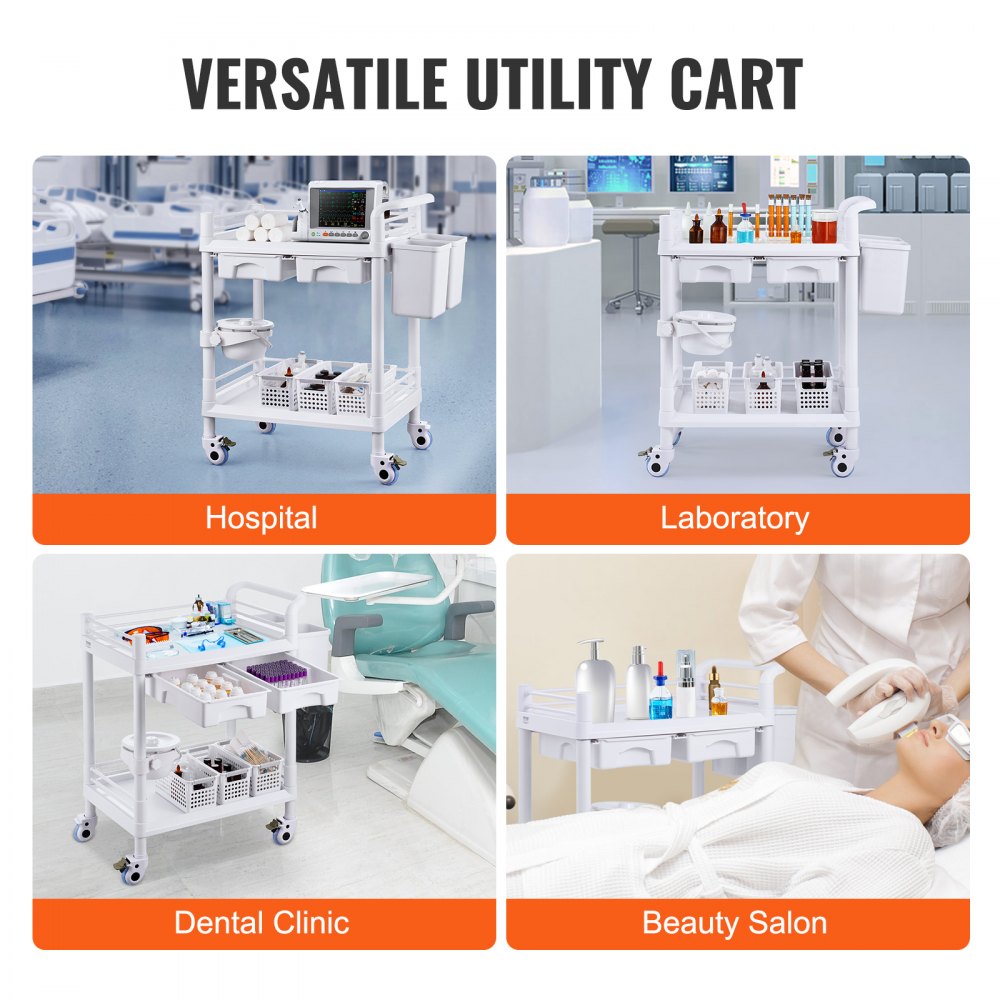 VEVOR 2 Tiers Lab Carts, Lab Utility Cart with 2 Trays, 2 Drawers & 4 Silent Wheels, Mobile Medical Cart with PP Material, Lab Rolling Cart with 3 Trash Cans for Lab, Clinic, Hospital, Salon, White