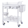 VEVOR 2 Tiers Lab Carts, Lab Utility Cart with 2 Trays, 2 Drawers & 4 Silent Wheels, Mobile Medical Cart with PP Material, Lab Rolling Cart with 3 Trash Cans for Lab, Clinic, Hospital, Salon, White