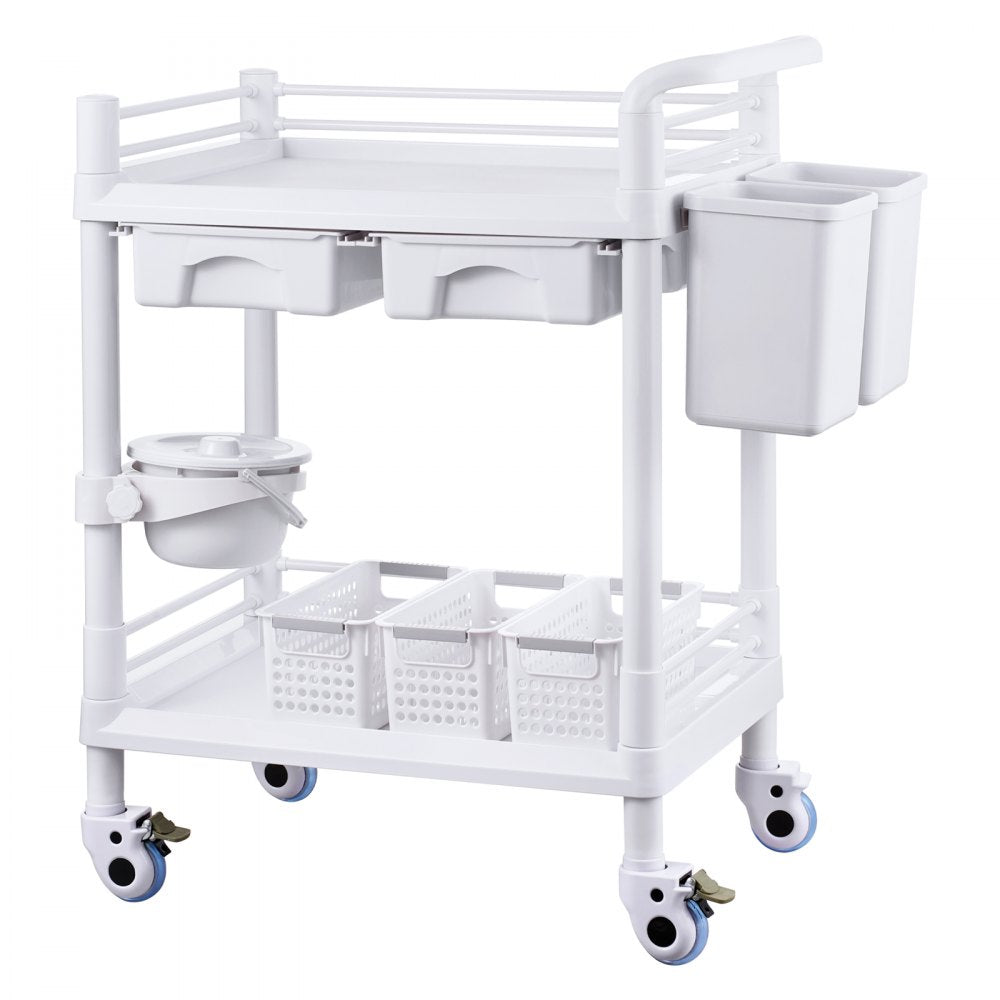 VEVOR 2 Tiers Lab Carts, Lab Utility Cart with 2 Trays, 2 Drawers & 4 Silent Wheels, Mobile Medical Cart with PP Material, Lab Rolling Cart with 3 Trash Cans for Lab, Clinic, Hospital, Salon, White