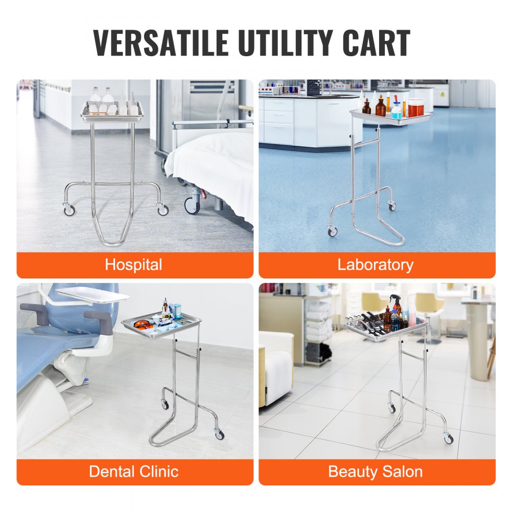 VEVOR Stainless Steel Lab Carts, Lab Utility Cart with Single Tray, Mobile Medical Cart with 2 Silent Wheels, Lab Rolling Cart for Lab, Clinic, Hospital, Salon