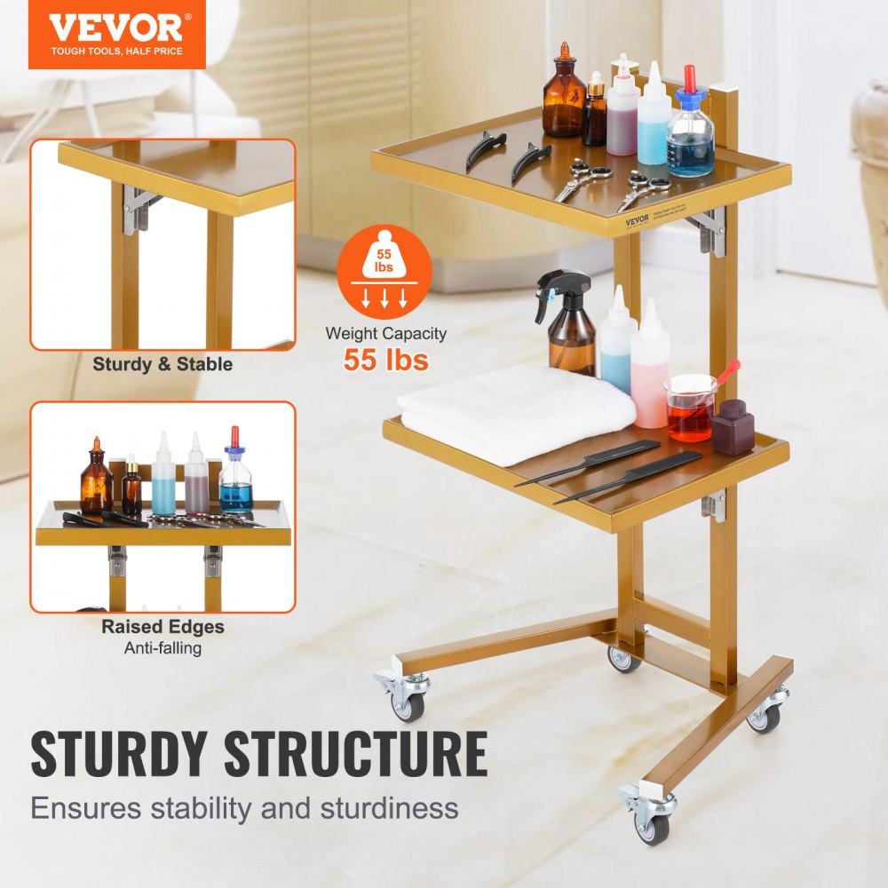 VEVOR 2 Tiers Stainless Steel Lab Carts, Lab Utility Cart with 2 Trays, Mobile Medical Cart with 4 Silent Wheels, Lab Rolling Cart for Lab, Clinic, Hospital, Salon, Golden