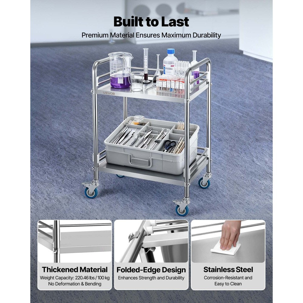 VEVOR Stainless Steel Cart, 2-Tier Rolling Lab Utility Cart with Lockable Wheels, Medical Serving Trolley Clinic Tray, Heavy Duty Mobile Service Storage Tray for Hospital, Restaurant, Kitchen, Salon
