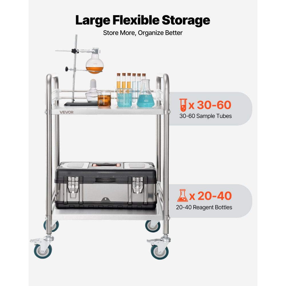 VEVOR Stainless Steel Cart, 2-Tier Rolling Lab Utility Cart with Lockable Wheels, Medical Serving Trolley Clinic Tray, Heavy Duty Mobile Service Storage Tray for Hospital, Restaurant, Kitchen, Salon