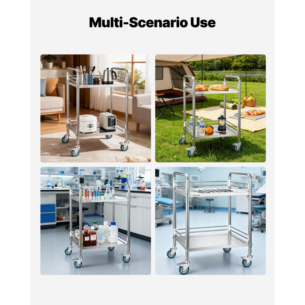 VEVOR Stainless Steel Cart, 2-Tier Rolling Lab Utility Cart with Lockable Wheels, Medical Serving Trolley Clinic Tray, Heavy Duty Mobile Service Storage Tray for Hospital, Restaurant, Kitchen, Salon