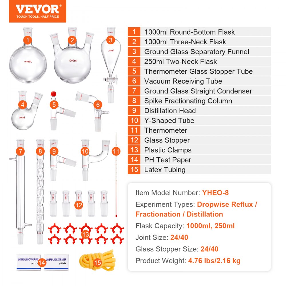 VEVOR Lab Distillation Kit, 3.3 Boro Lab Glassware Distillation Kit with 24, 40 Joint, 1000ml Essential Oil Distillation Apparatus Kit, 29 pcs Set of Glassware Equipment