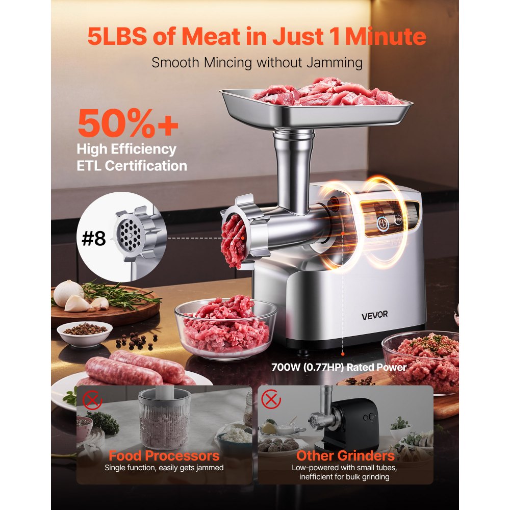 VEVOR Electric Meat Grinder, 5 Lbs/Min Capacity, #8 Meat Mincer with 3 Grinding Plates, 3 Sausage Stuffing Tubes & Kubbe Kit, 700W/0.77HP Sausage Stuffer Maker for Home Kitchens, ETL Listed