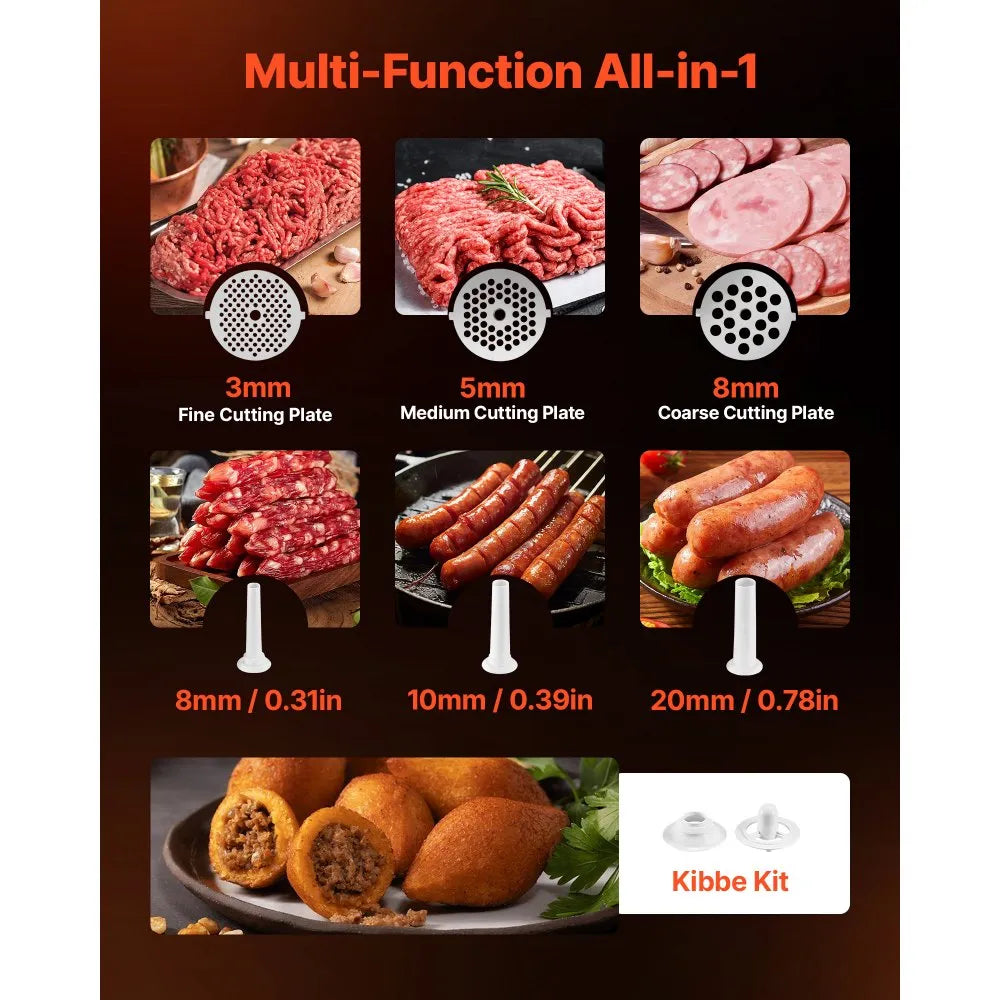 VEVOR Electric Meat Grinder, 5 Lbs/Min Capacity, #8 Meat Mincer with 3 Grinding Plates, 3 Sausage Stuffing Tubes & Kubbe Kit, 700W/0.77HP Sausage Stuffer Maker for Home Kitchens, ETL Listed