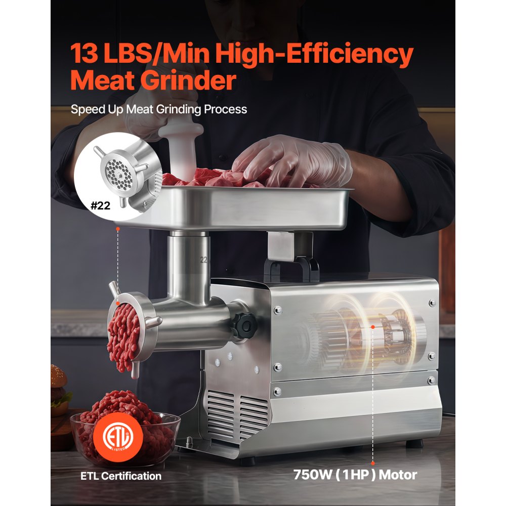 VEVOR Commercial Meat Grinder, 13 Lbs/Min Capacity, #22 Electric Meat Mincer with 3 Plates, 3 Sausage Stuffing Tubes, 750W/1HP Stainless Steel Sausage Maker for Home Kitchen & Restaurants, ETL Listed