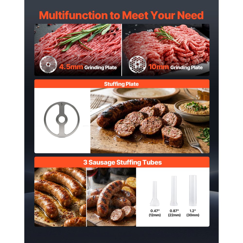 VEVOR Commercial Meat Grinder, 13 Lbs/Min Capacity, #22 Electric Meat Mincer with 3 Plates, 3 Sausage Stuffing Tubes, 750W/1HP Stainless Steel Sausage Maker for Home Kitchen & Restaurants, ETL Listed