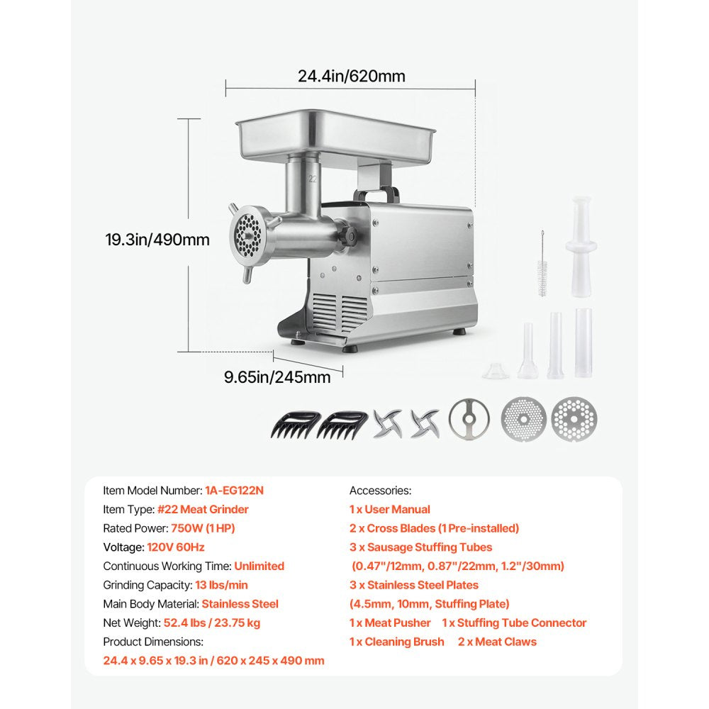 VEVOR Commercial Meat Grinder, 13 Lbs/Min Capacity, #22 Electric Meat Mincer with 3 Plates, 3 Sausage Stuffing Tubes, 750W/1HP Stainless Steel Sausage Maker for Home Kitchen & Restaurants, ETL Listed