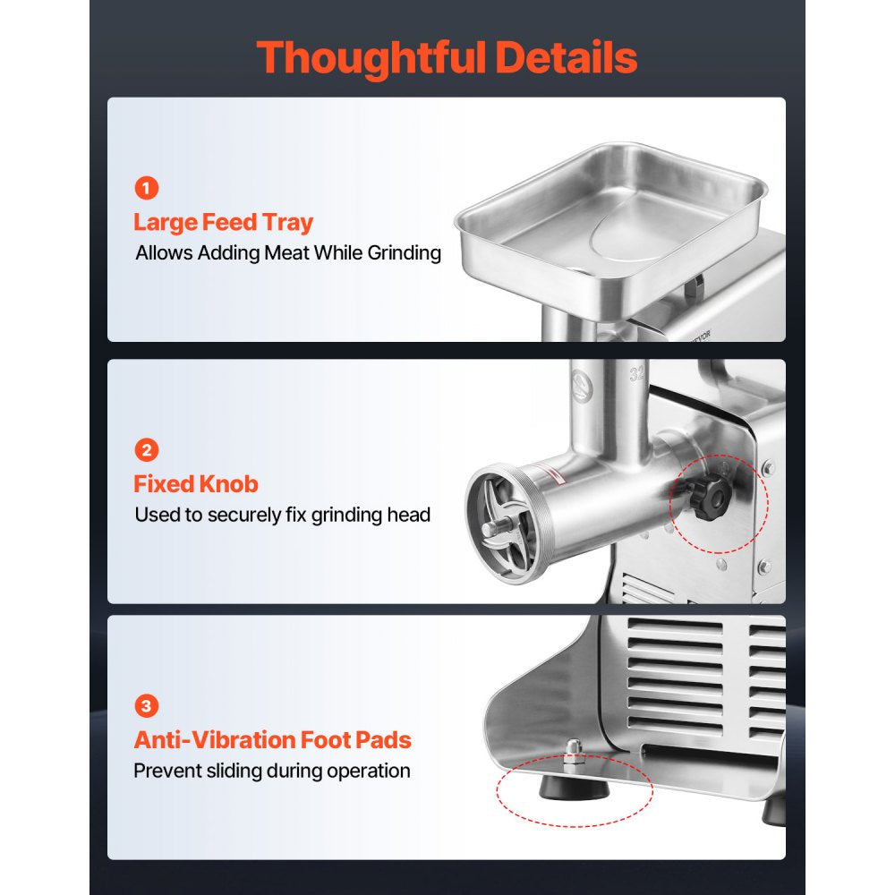 VEVOR Commercial Meat Grinder, 21 Lbs/Min Capacity, #32 Electric Meat Mincer with 3 Plates, 3 Sausage Stuff Tubes, 1100W/1.5HP Stainless Steel Sausage Maker for Home Kitchens & Restaurants, ETL Listed