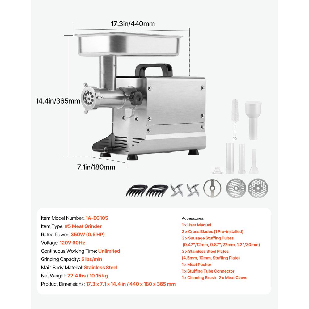 VEVOR Commercial Meat Grinder, 5 Lbs/Min Capacity, #5 Electric Meat Mincer with 3 Plates, 3 Sausage Stuffing Tubes, 350W/0.5HP Stainless Steel Sausage Maker for Home Kitchens & Restaurants, ETL Listed
