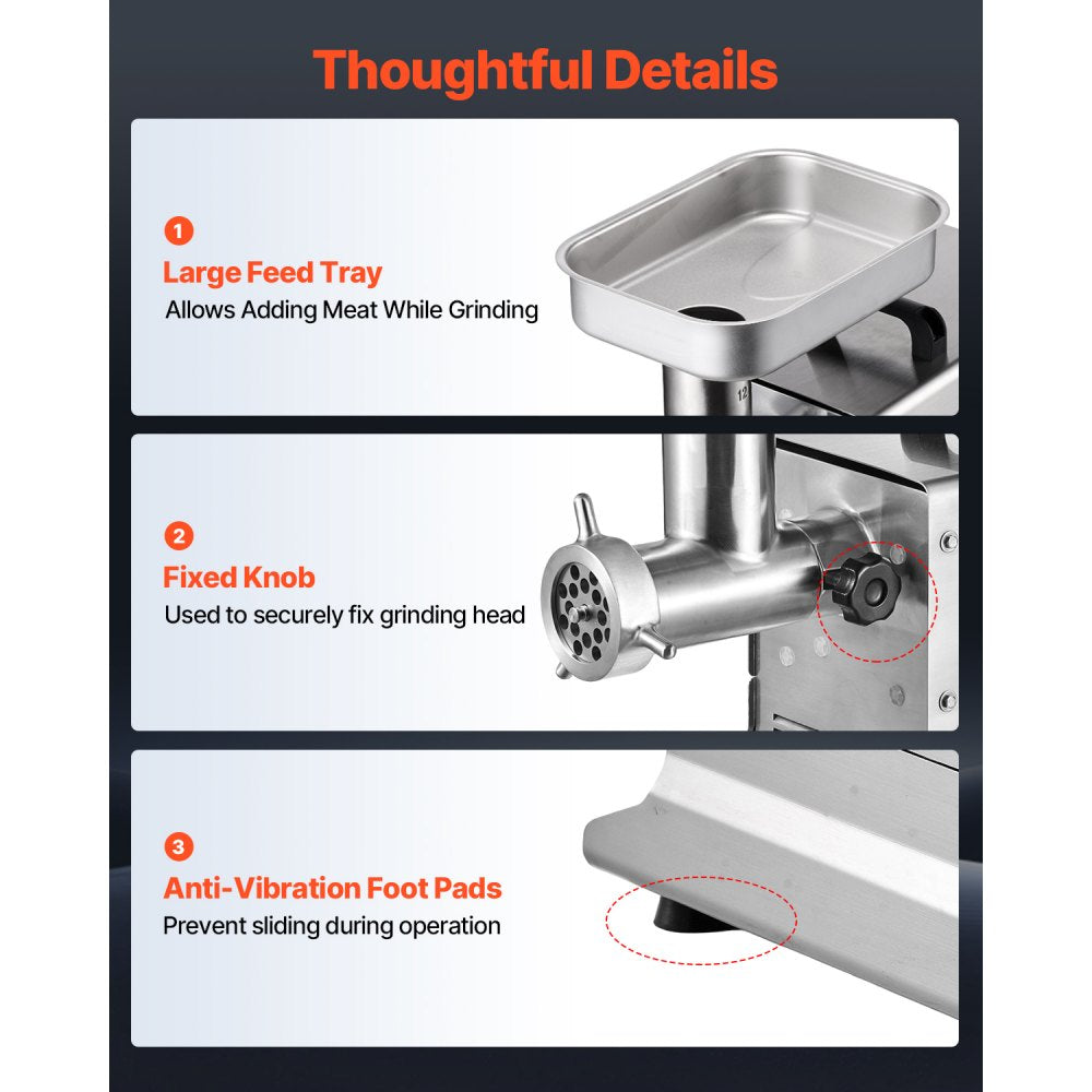 VEVOR Commercial Meat Grinder, 8 Lbs/Min Capacity, #8 Electric Meat Mincer with 3 Plates, 3 Sausage Stuffing Tubes, 350W/0.5HP Stainless Steel Sausage Maker for Home Kitchens & Restaurants, ETL Listed