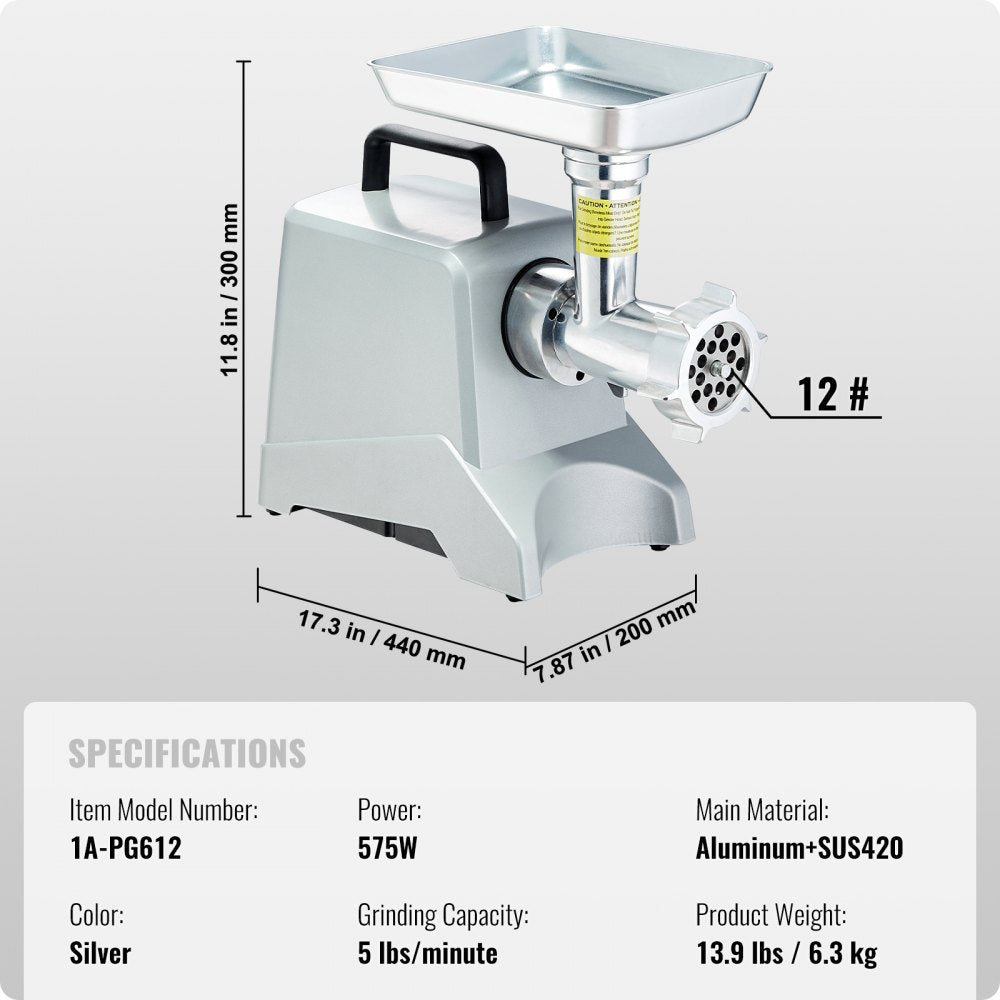 VEVOR Electric Meat Grinder, 5 Lb/Min Capacity, 575W（800W MAX) Industrial Meat Mincer with Blade, Grinding Plate, Sausage Stuffing Blade and 3 Tubes, Aluminum Commercial Meat Grinder