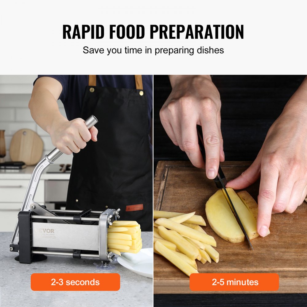 VEVOR French Fry Cutter, Potato Slicer with 1/2-Inch and 3/8-Inch Stainless Steel Blades, Manual Potato Cutter Chopper with Suction Cups, Great for Potato, French Fries, Cucumber, Vegetables, Carrot