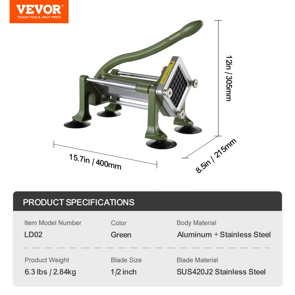 VEVOR French Fry Cutter, Potato Slicer with 1/2-Inch Stainless Steel Blade, Manual Potato Cutter Chopper with Suction Cups, Great for Potato, French Fries, Cucumber, Vegetables, Carrot