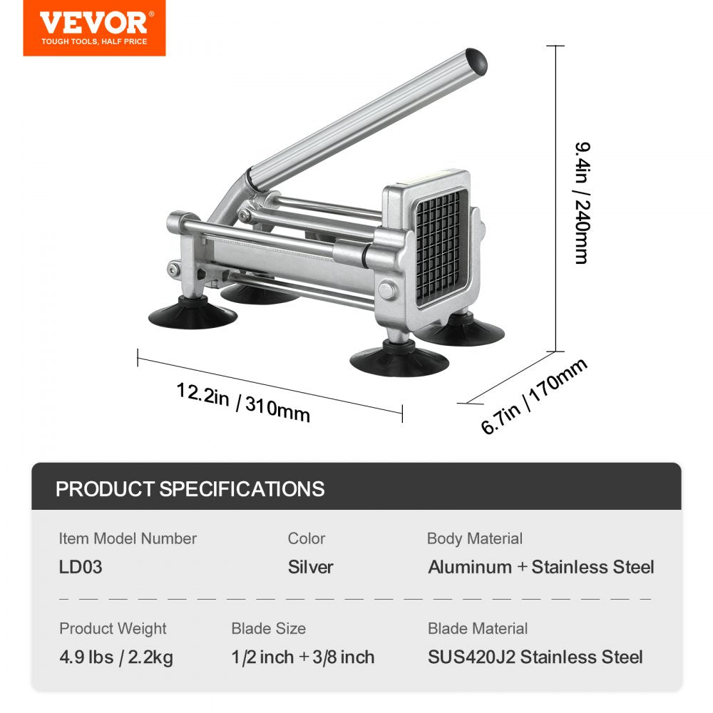 VEVOR French Fry Cutter, Potato Slicer with 1/2-Inch and 3/8-Inch Stainless Steel Blades, Manual Potato Cutter Chopper with Suction Cups, Great for Potato, French Fries, Cucumber, Vegetables, Carrot
