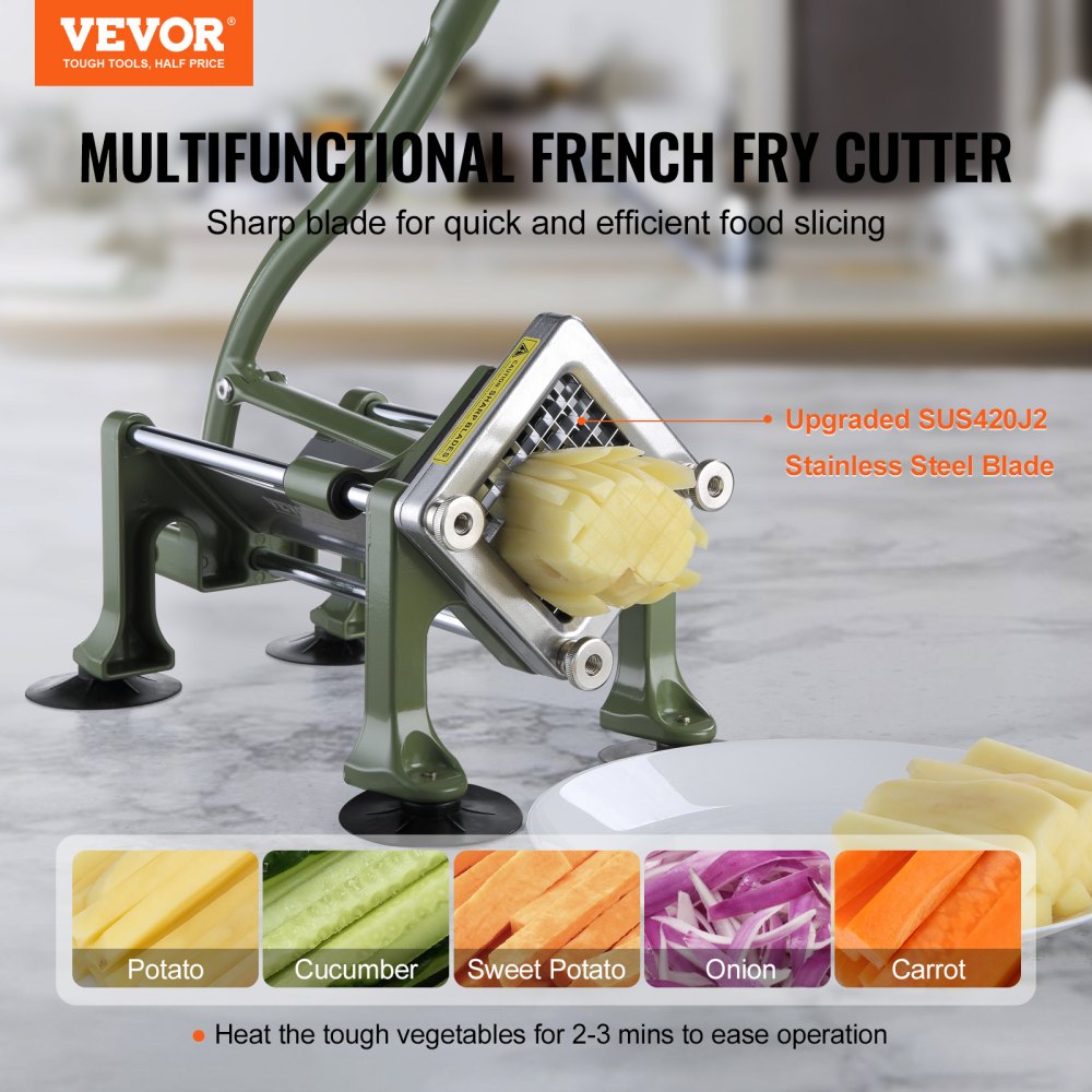 VEVOR French Fry Cutter, Potato Slicer with 3/8-Inch Stainless Steel Blade, Manual Potato Cutter Chopper with Suction Cups, Great for Potato, French Fries, Cucumber, Vegetables, Carrot