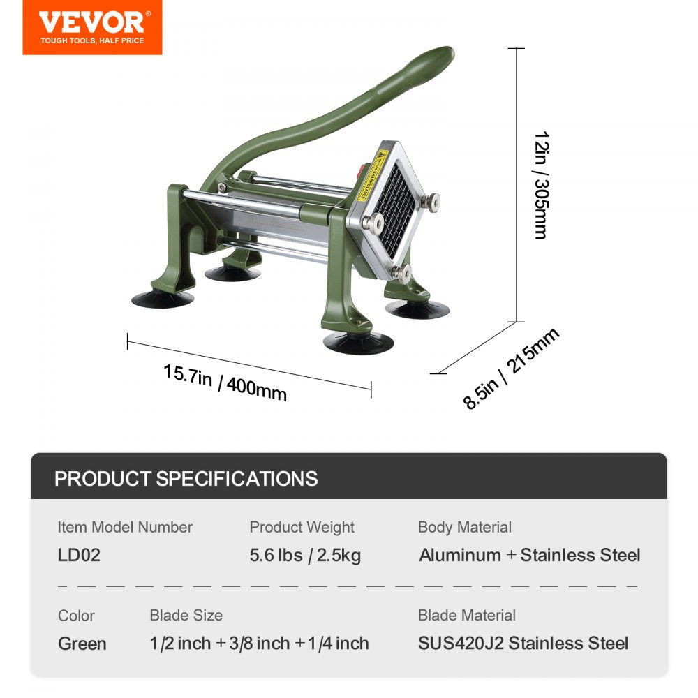 VEVOR French Fry Cutter, Potato Slicer with 3/8-Inch Stainless Steel Blade, Manual Potato Cutter Chopper with Suction Cups, Great for Potato, French Fries, Cucumber, Vegetables, Carrot