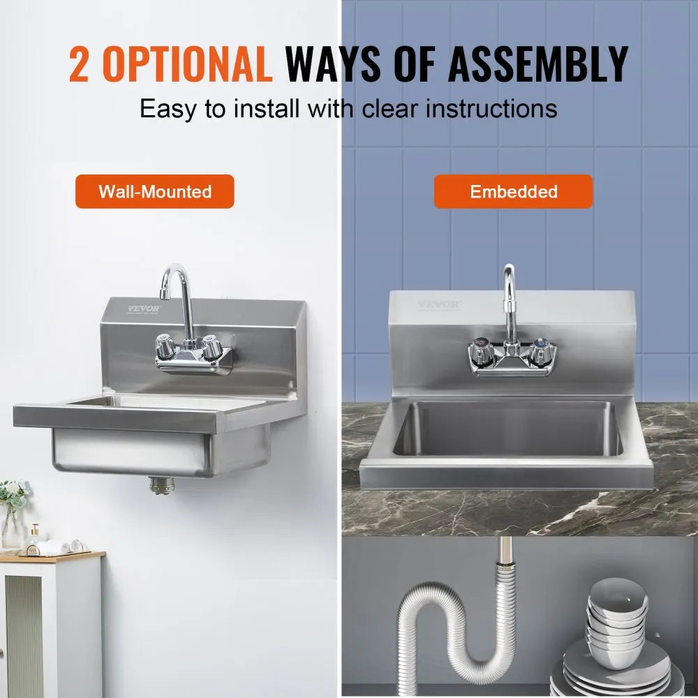 VEVOR Commercial Hand Sink with Faucet, Stainless Steel Sink for Washing, Small Hand Washing Sink, Wall Mount Hand Basin, Utility Sink for Restaurant, Kitchen, Bar, Garage and Home, 17 x 12.8 inch