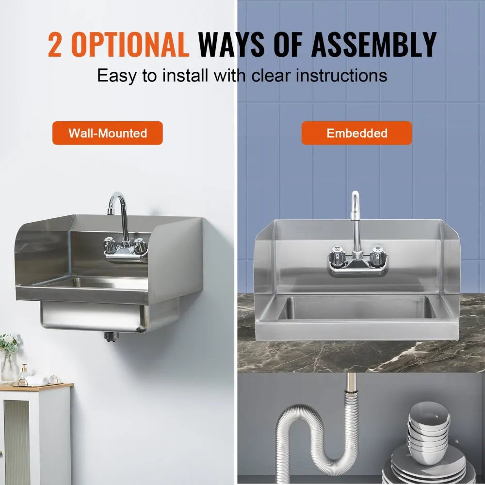 VEVOR Commercial Hand Sink with Faucet and Side Splash, Stainless Steel Sink for Washing, Small Hand Washing Sink, Wall Mount Hand Basin for Restaurant, Kitchen, Bar, Garage and Home, 17x12.8 inch
